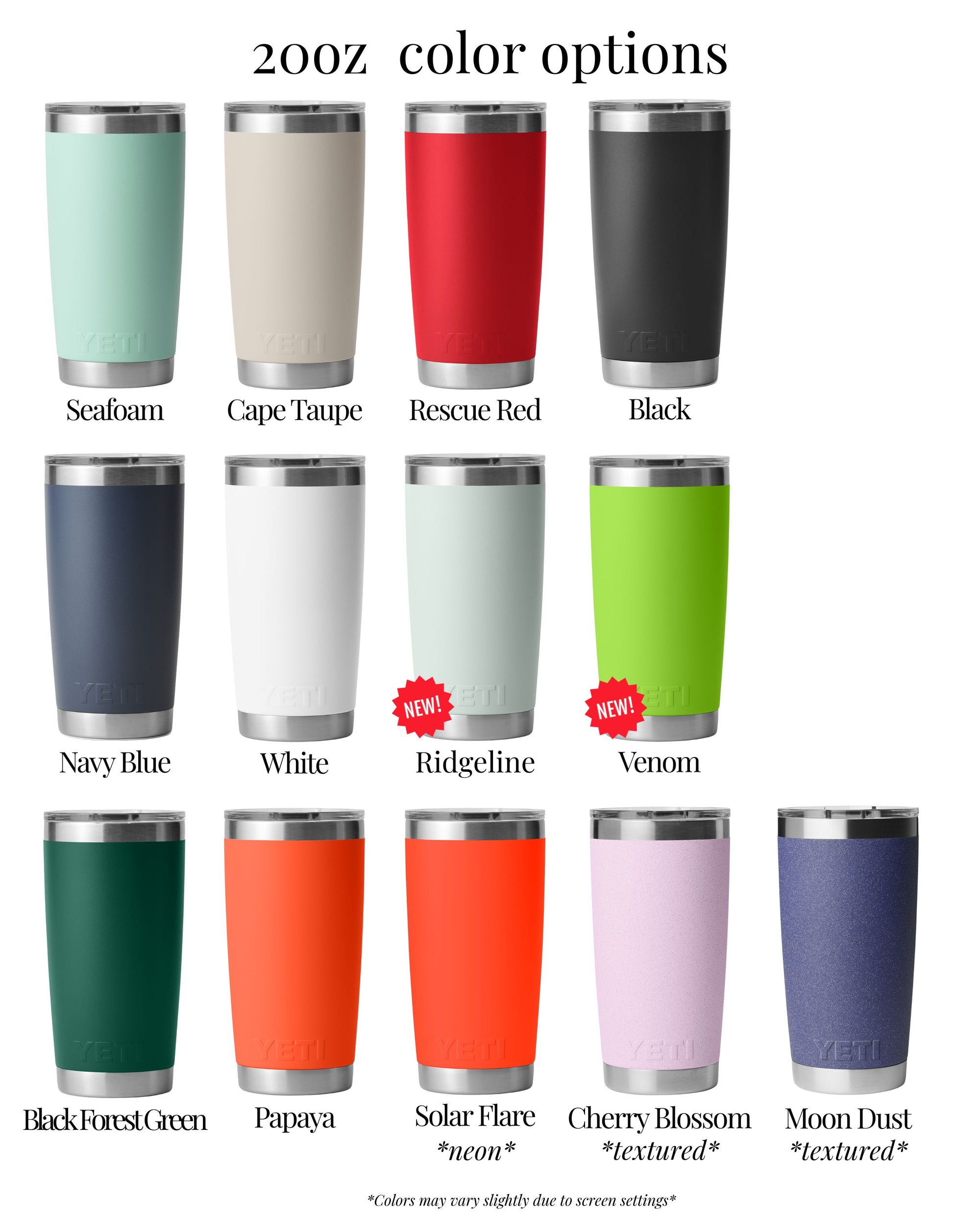 a collection of twelve different colored YETT tumblers, each with a unique color and design. The tumblers are arranged in a grid format, with four rows and three columns. The colors include black, navy blue, white, red, and various shades of green, orange, and purple. Each tumbler has a distinct design, such as the sleek black tumbler, the white tumbler, the red tumbler, and the green tumbler. The image does not contain any text, and the descriptions provided are concise and to the point.