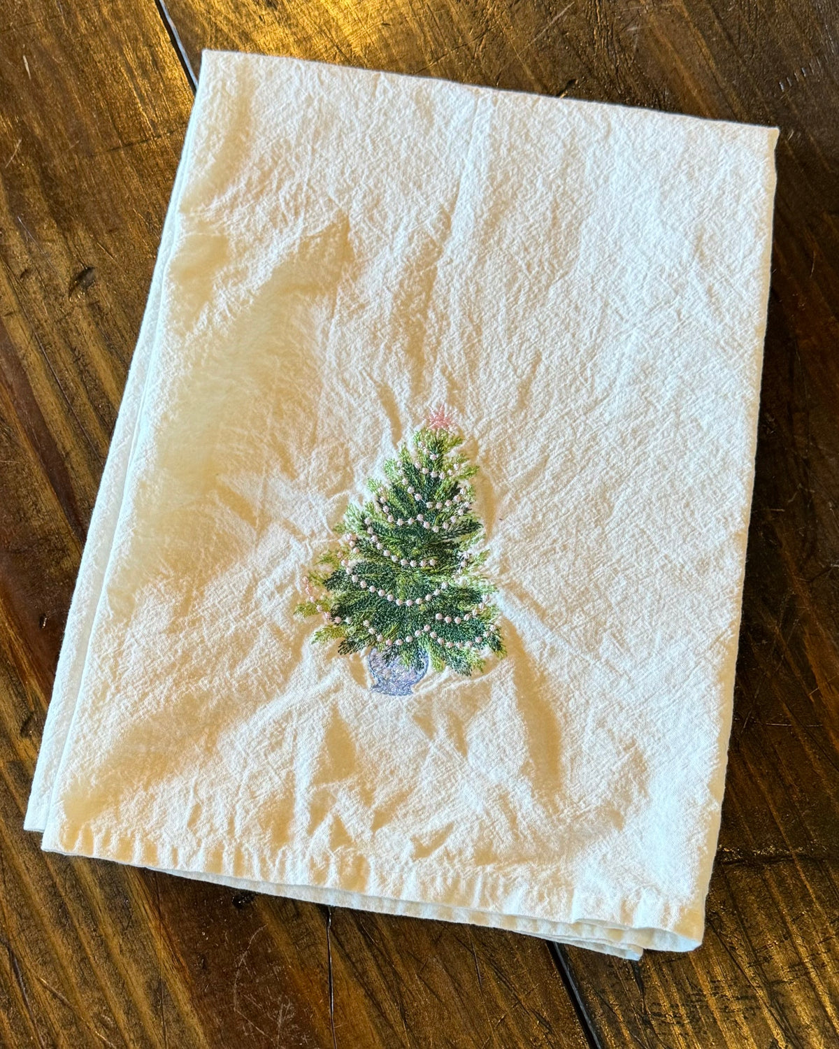 Flour Sack Dish Towel - Christmas Tree w/ Pink Lights