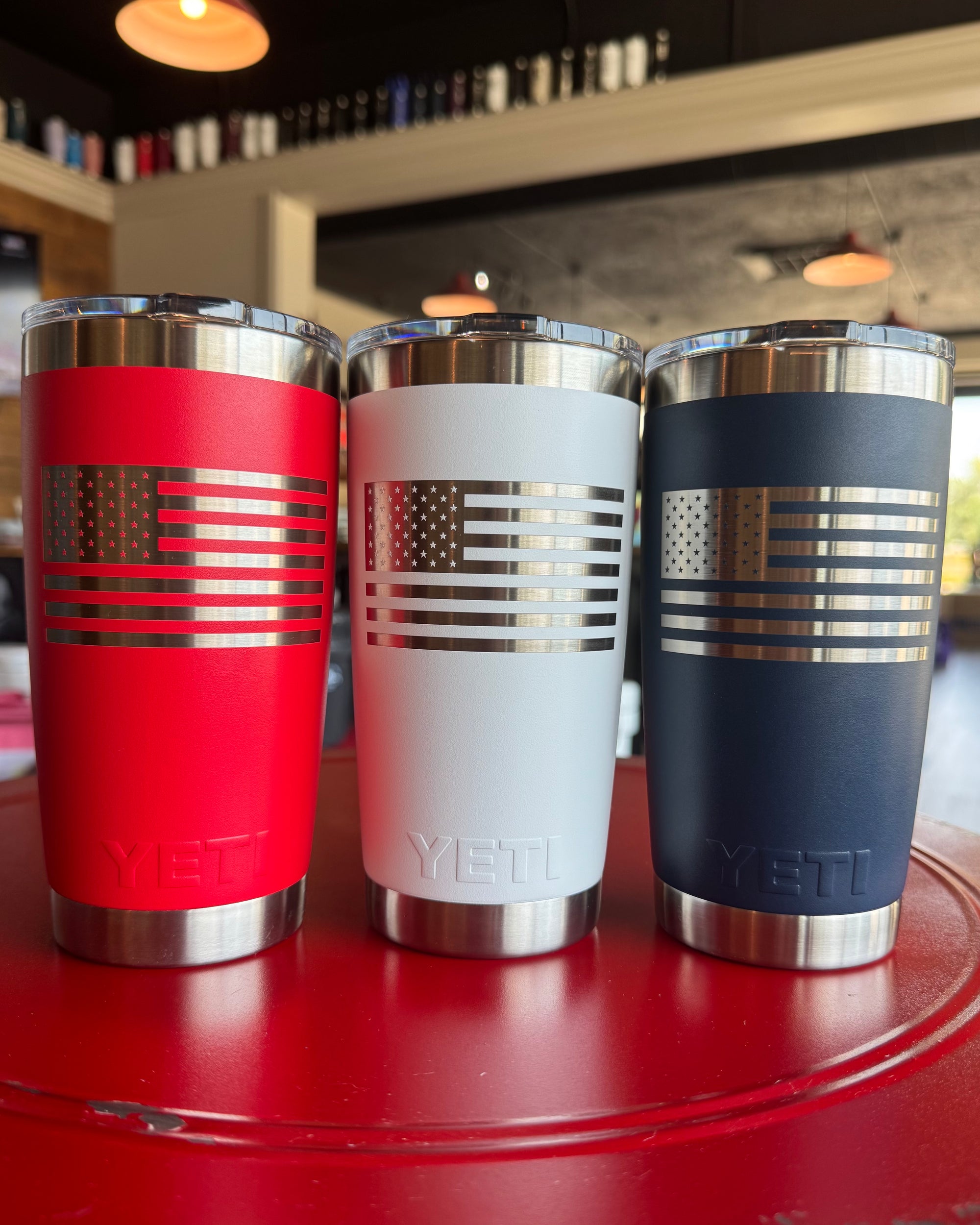 Red, White, and Blue YETI 20oz with American Flag Engraved