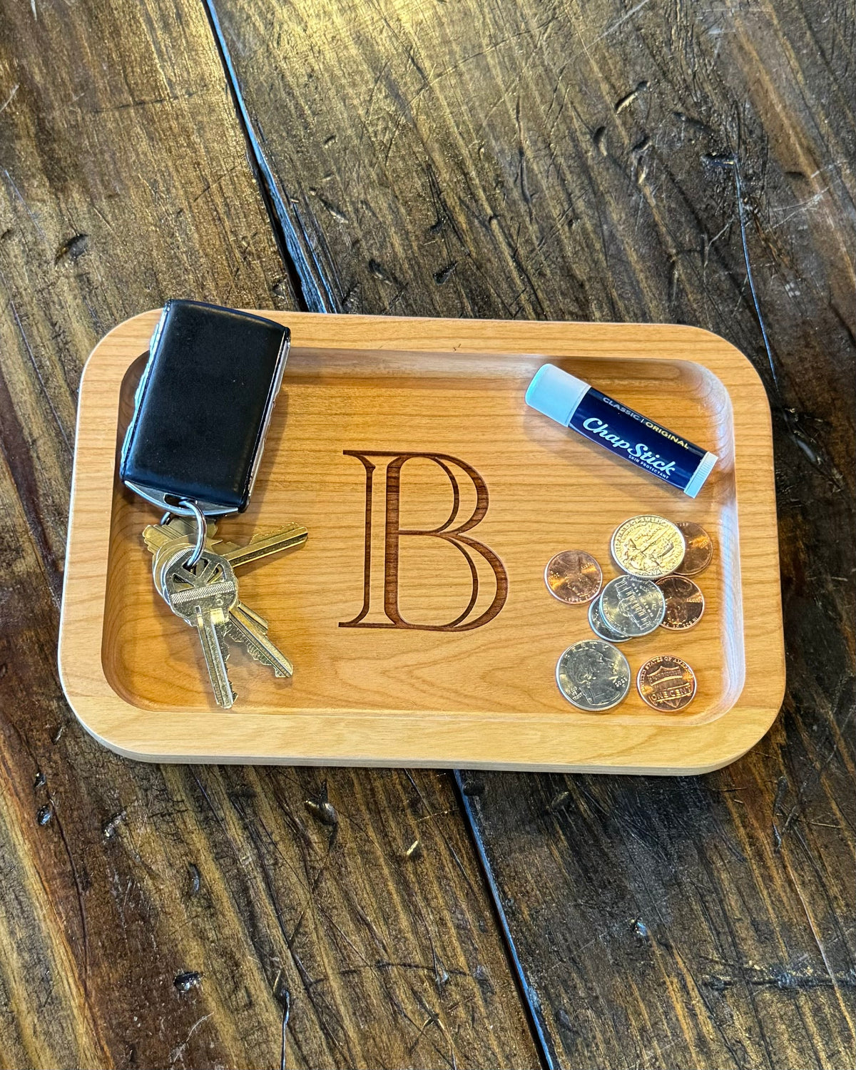 Cherry Wood Catch-All Tray Single Letter Design - B