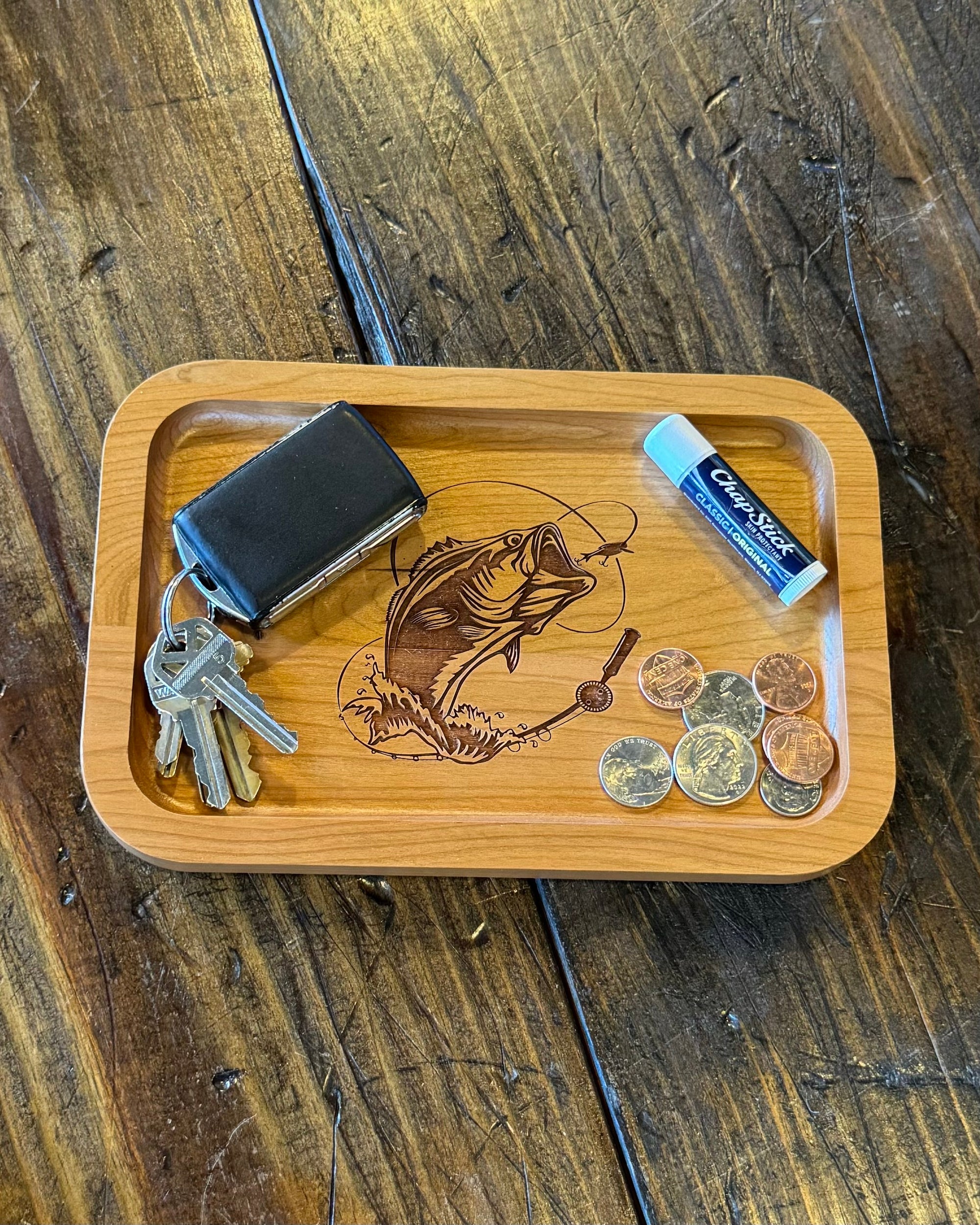 Cherry Wood Tray - Elegant Engraved Letter Catch-All | Small Wooden Tray Organizer