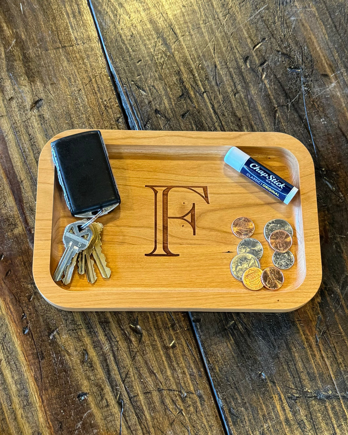 Cherry Wood Catch-All Tray Single Letter Design - F
