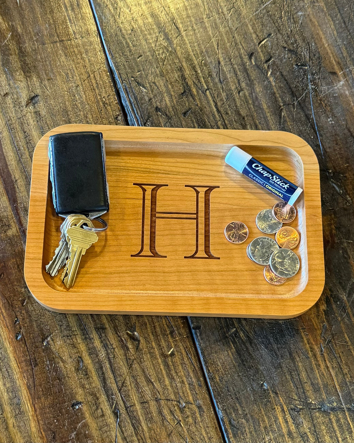 Cherry Wood Catch-All Tray Single Letter Design - H