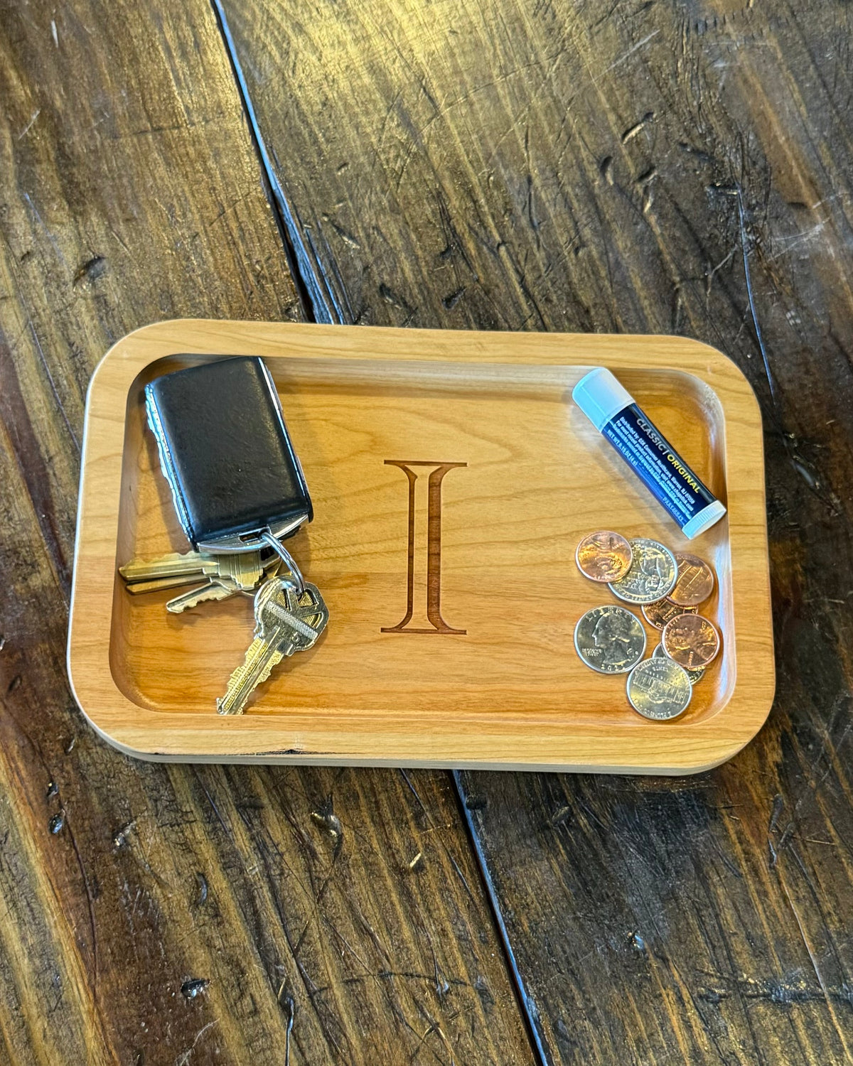 Cherry Wood Catch-All Tray Single Letter Design - I