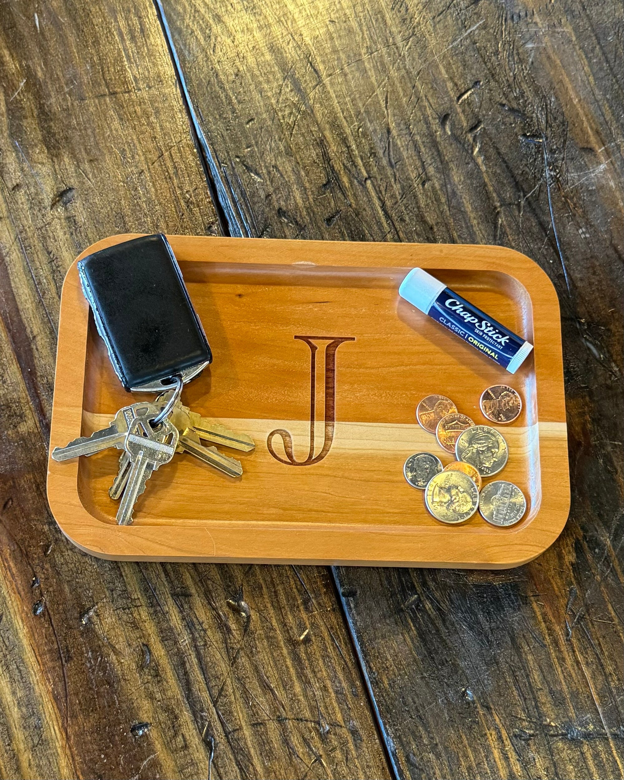 Cherry Wood Tray – Engraved Wooden Tray With Personalized Letter – Small Decorative Catch All