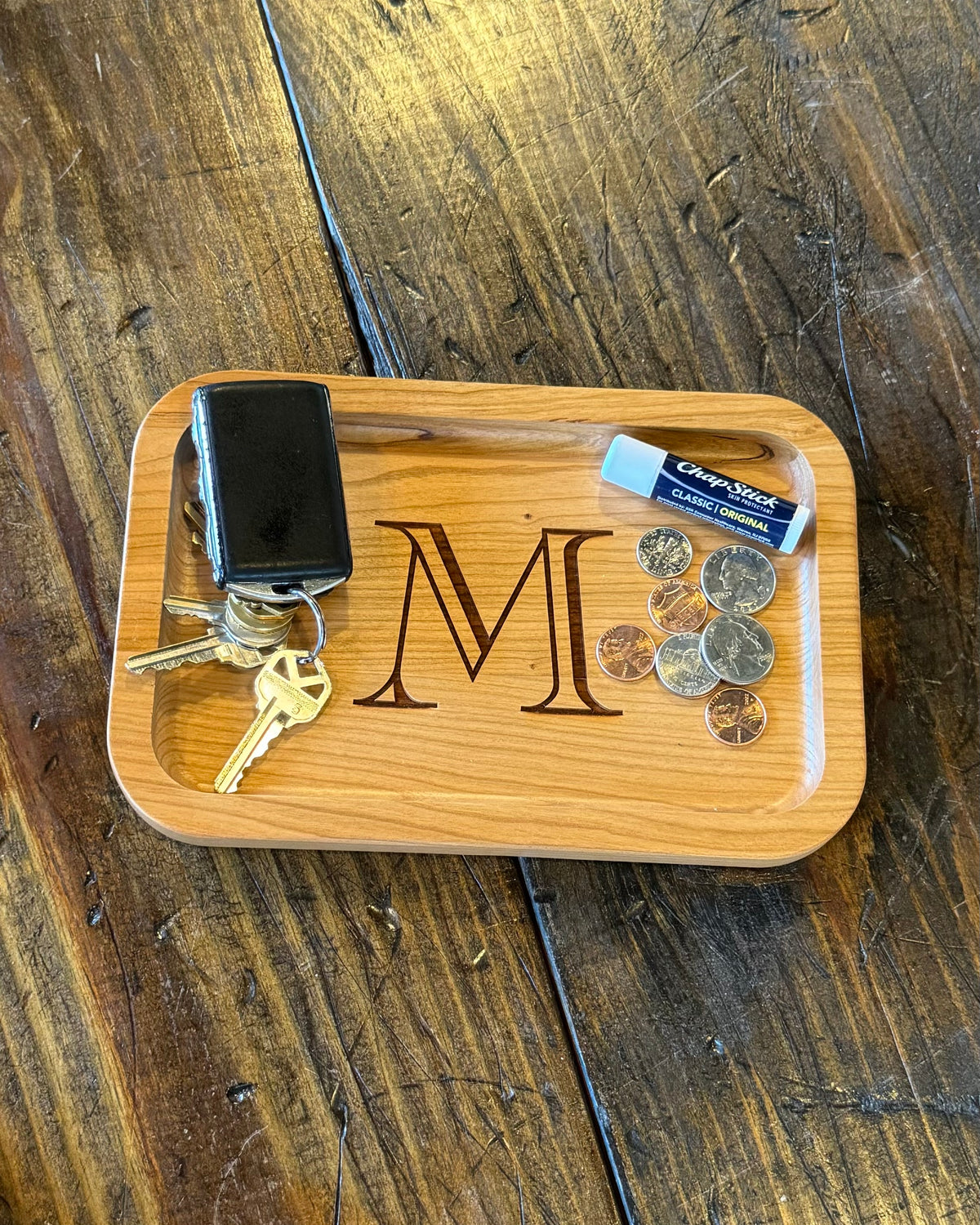 Cherry Wood Catch-All Tray Single Letter Design - M