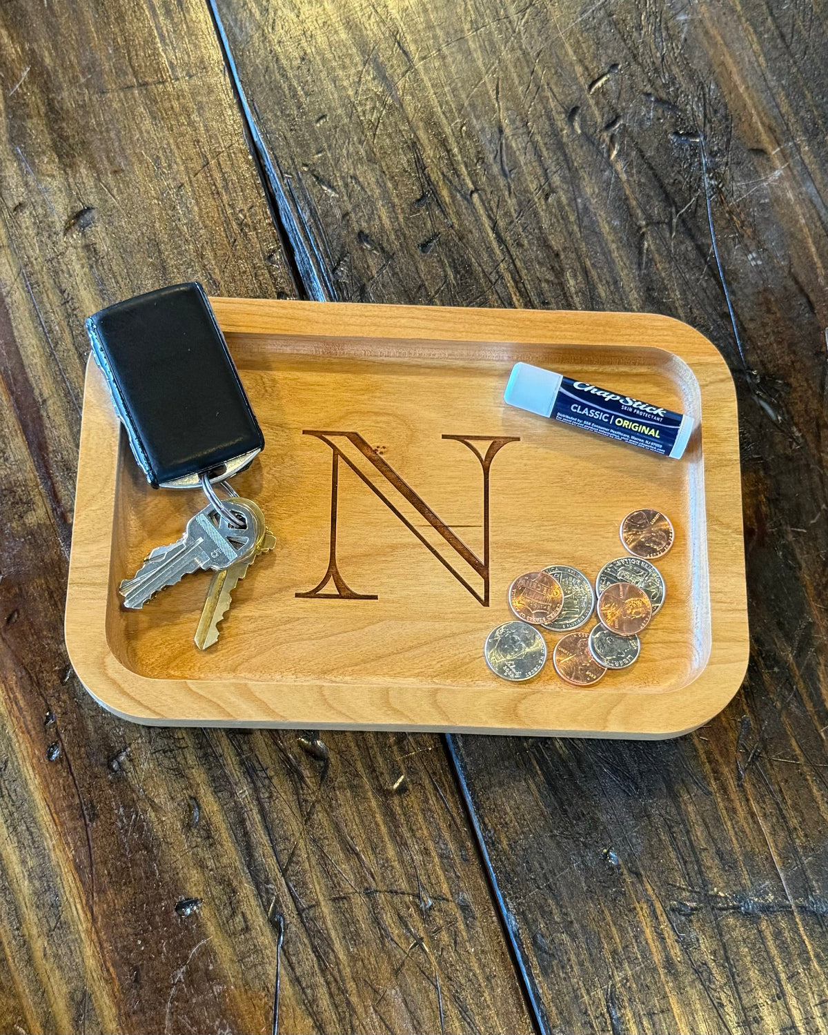 Cherry Wood Catch-All Tray Single Letter Design - N