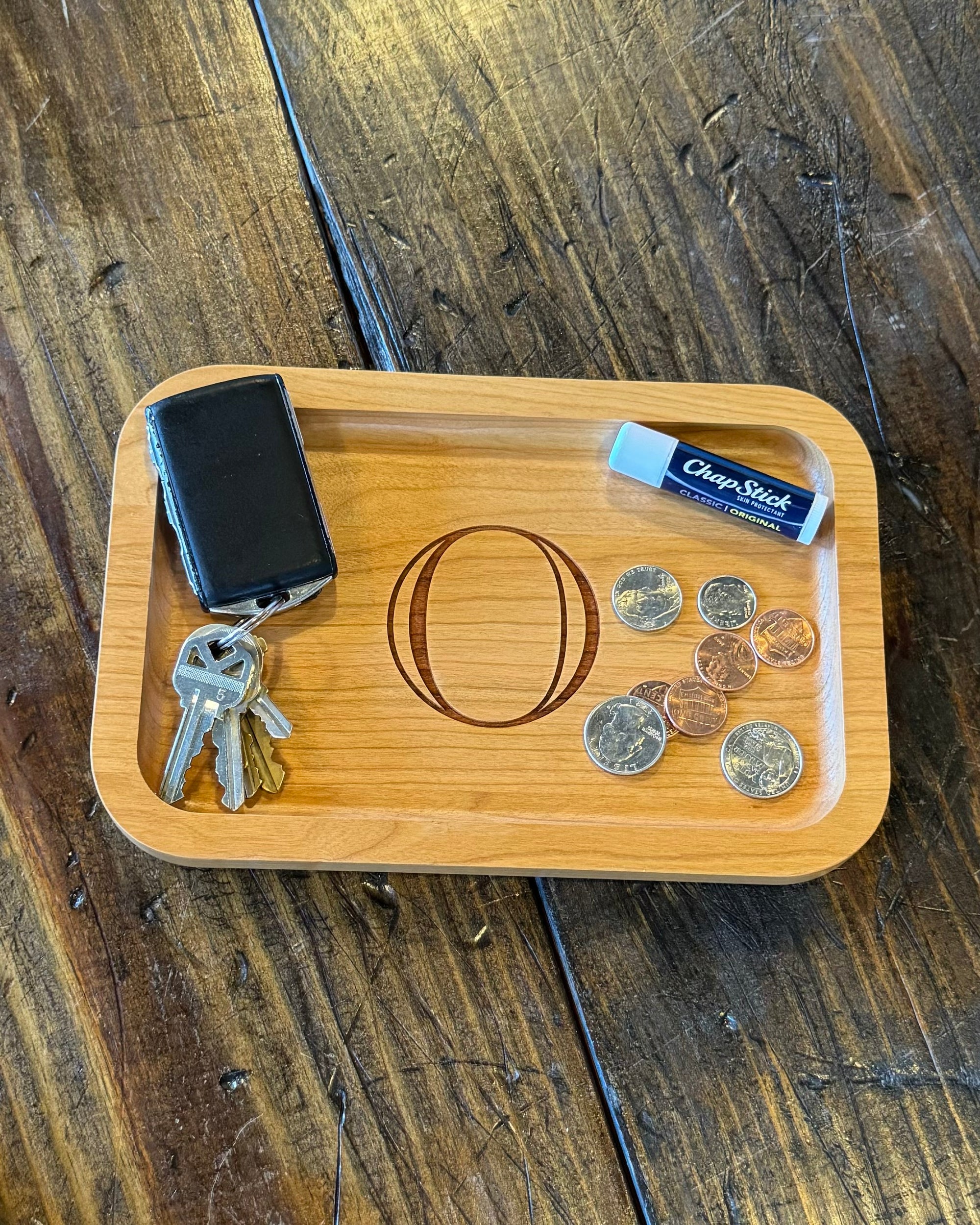Cherry Wood Tray - Engraved Single Letter Design | Elegant Wood Catch All