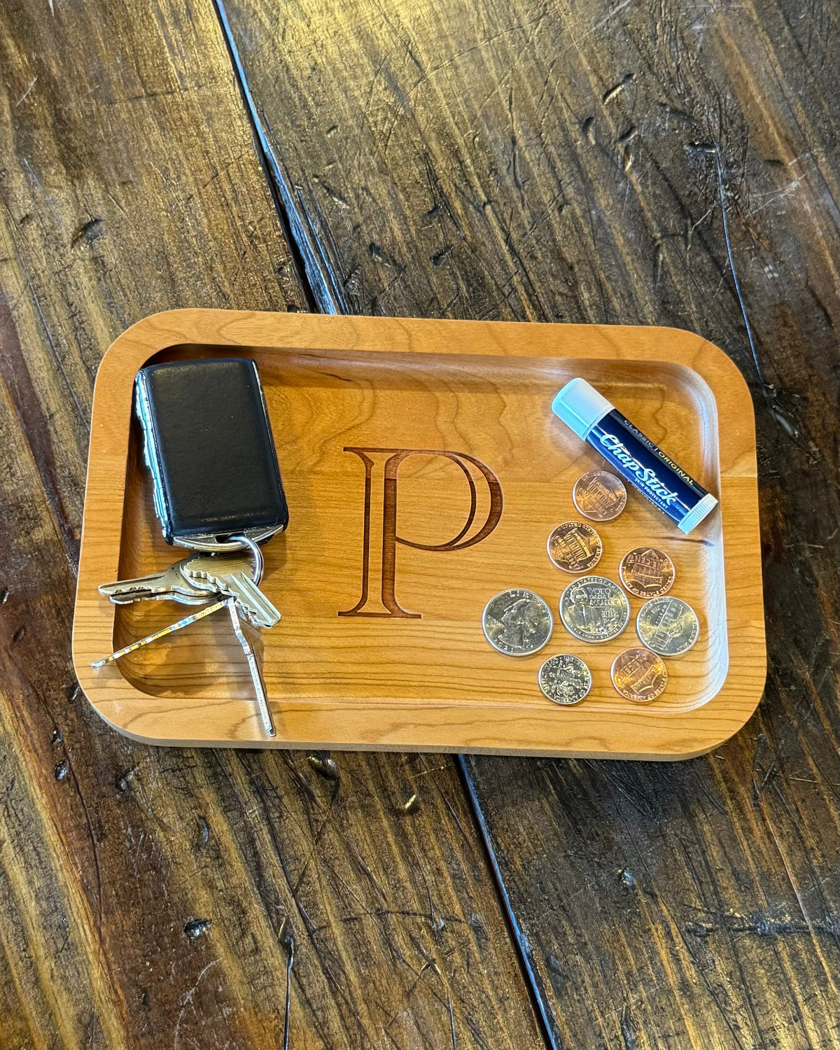 Cherry Wood Catch-All Tray Single Letter Design - P
