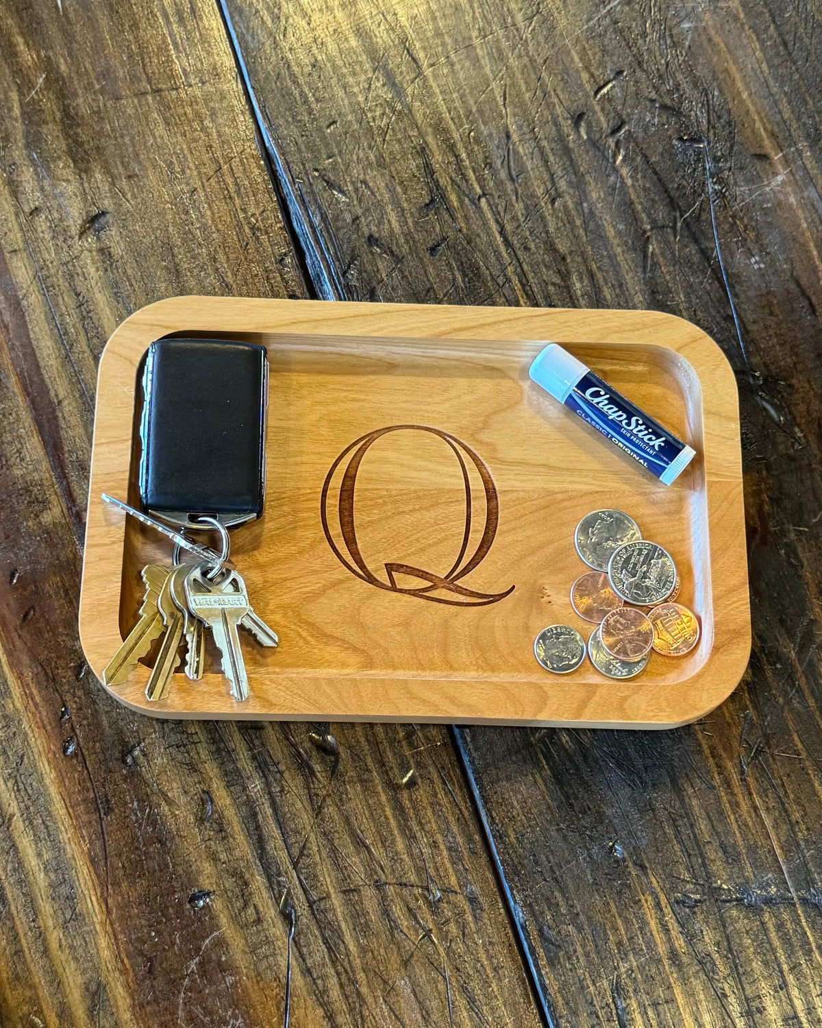 Cherry Wood Catch-All Tray Single Letter Design - Q