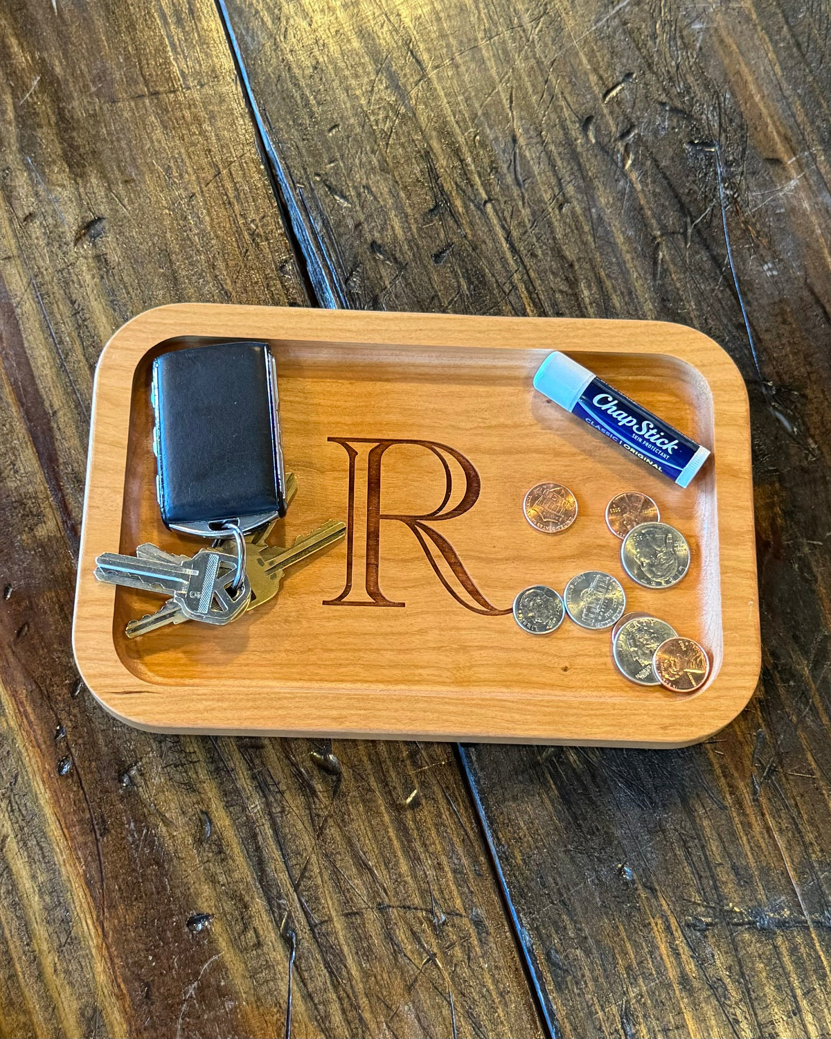 Cherry Wood Catch-All Tray Single Letter Design - R