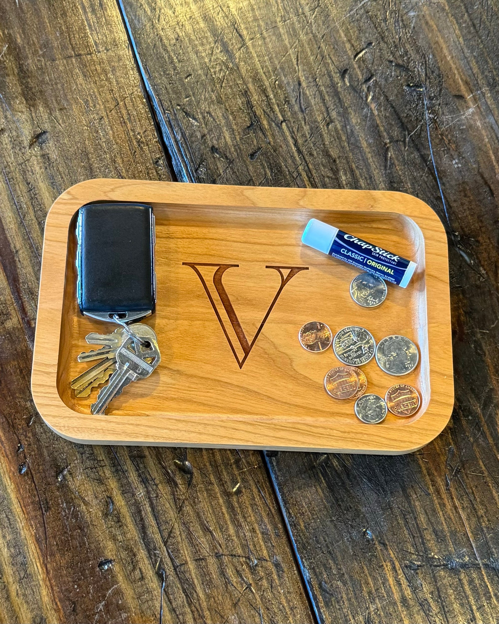 Cherry Wood Tray - Engraved Single Letter Design | Elegant Wooden Catch-All