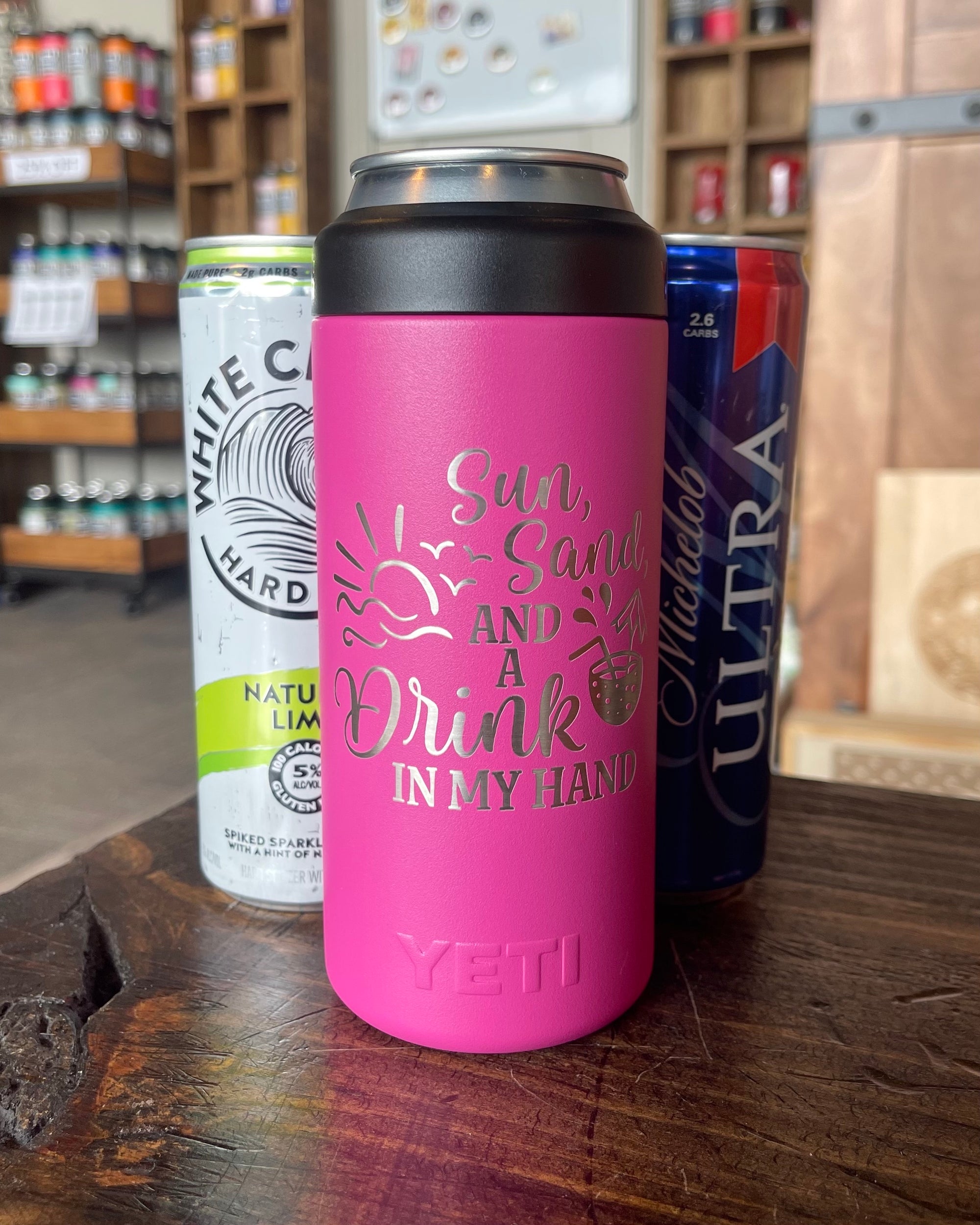 Laser Engraved Yeti Slim Can Colster - Sun, Sand, & a Drink In My Hand