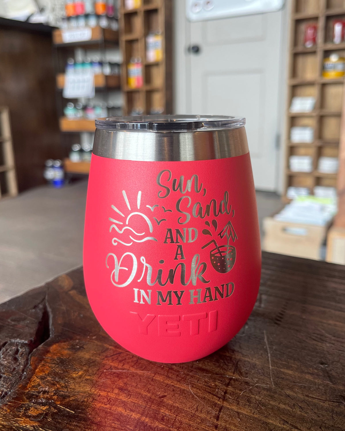 Laser Engraved Yeti Wine Tumbler - Sun, Sand, &amp; a Drink In My Hand