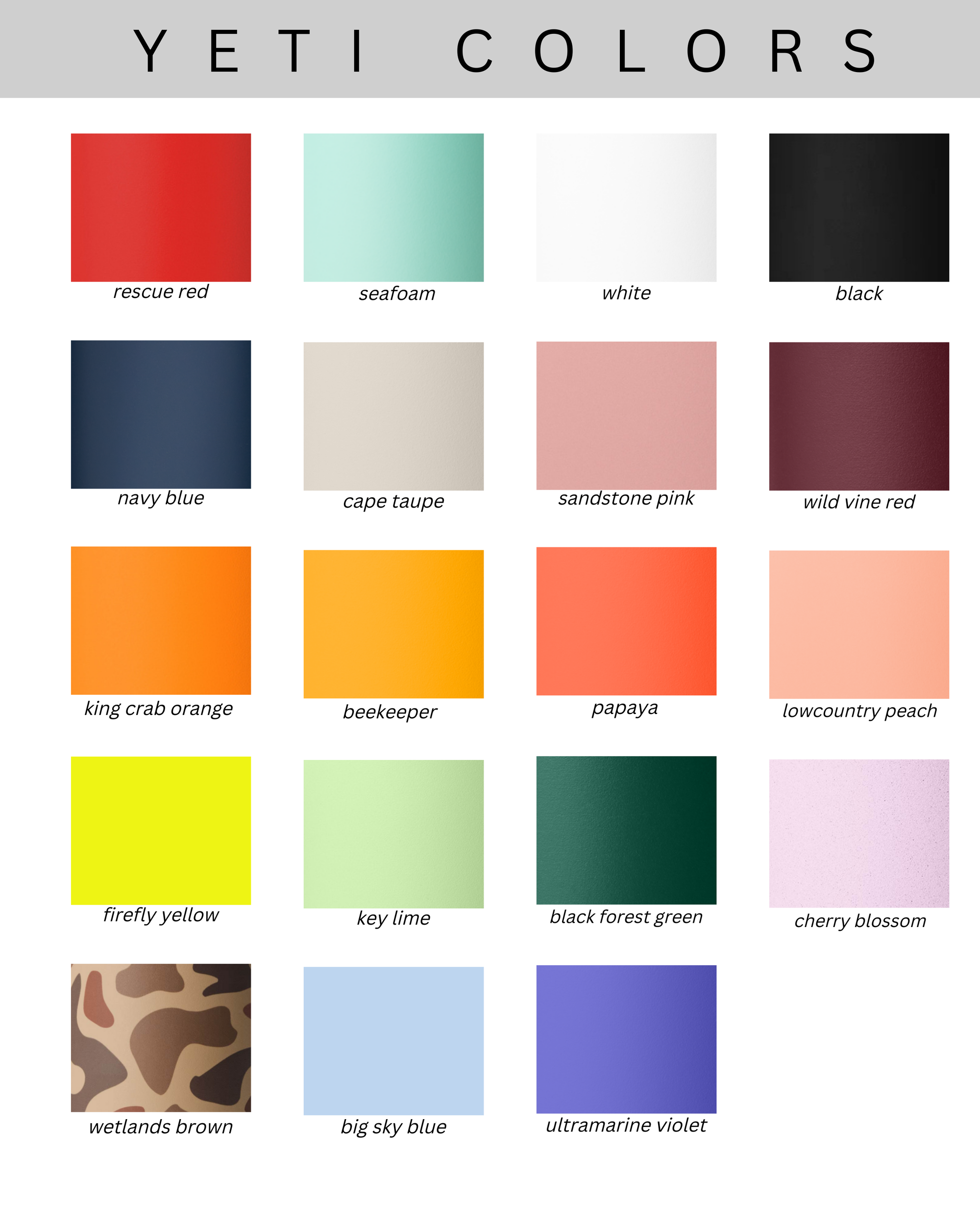 a collection of 16 different colors, each with a unique name, arranged in a grid format. These colors include rescue red, seaweed, white, black, navy blue, capte taupe, sandstone pink, wild vine red, navy blue, cape taupe, papaya, king crab orange, beekeeper, papaya, lowcountry peach, firey yellow, key lime, black forest green, cherry blossoms, wetlands brown, big sky blue, and ultramarine violet.