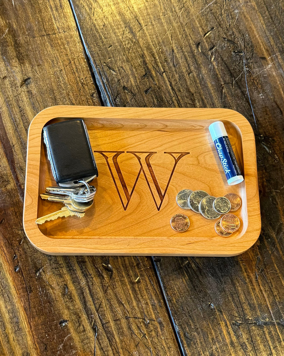 Cherry Wood Catch-All Tray Single Letter Design - W