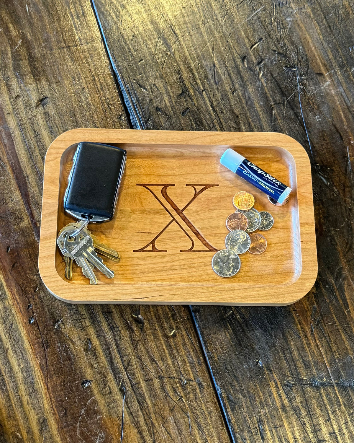 Cherry Wood Catch-All Tray Single Letter Design - X