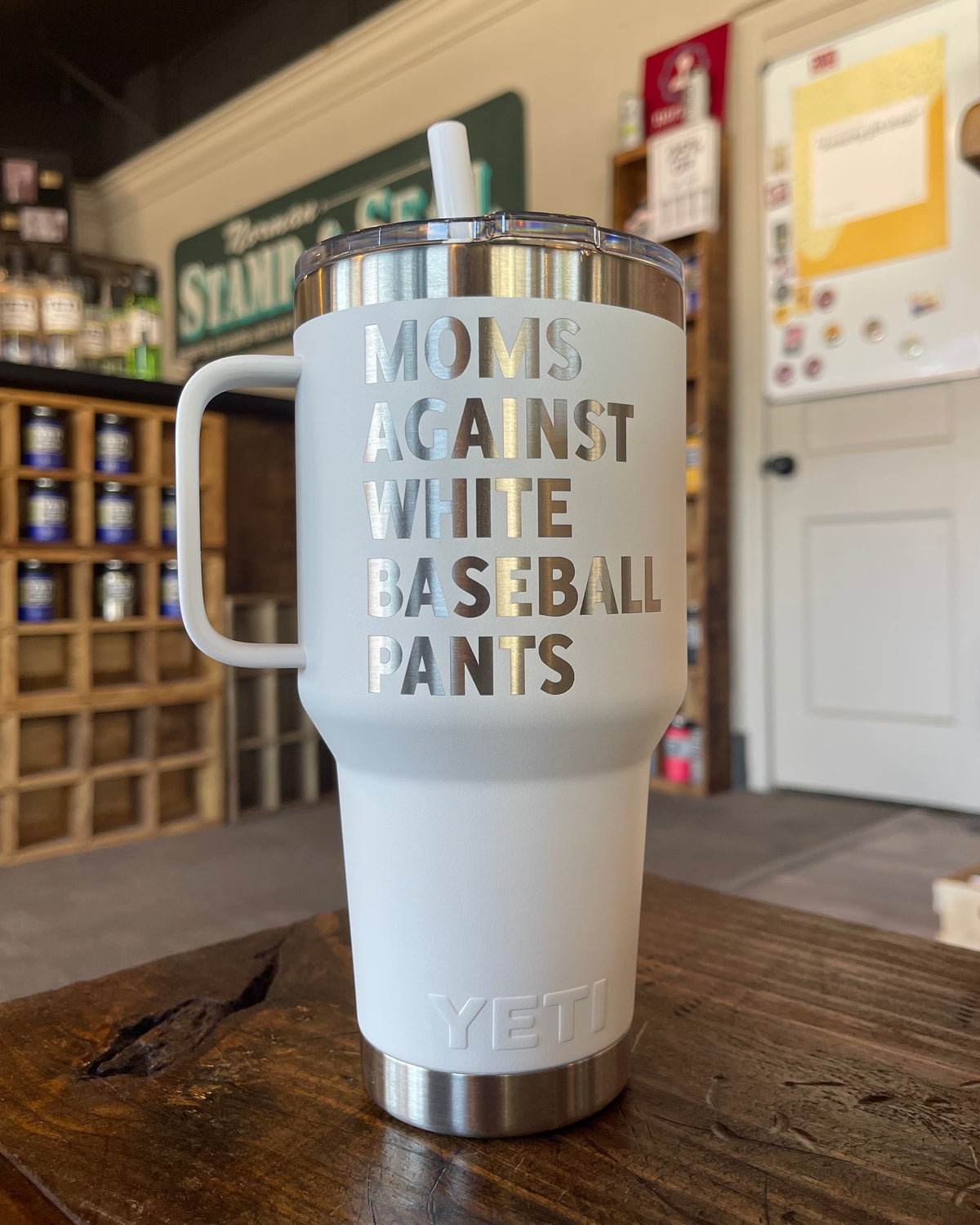 Laser Engraved Authentic YETI Straw Mugs - Moms Against White Baseball Pants