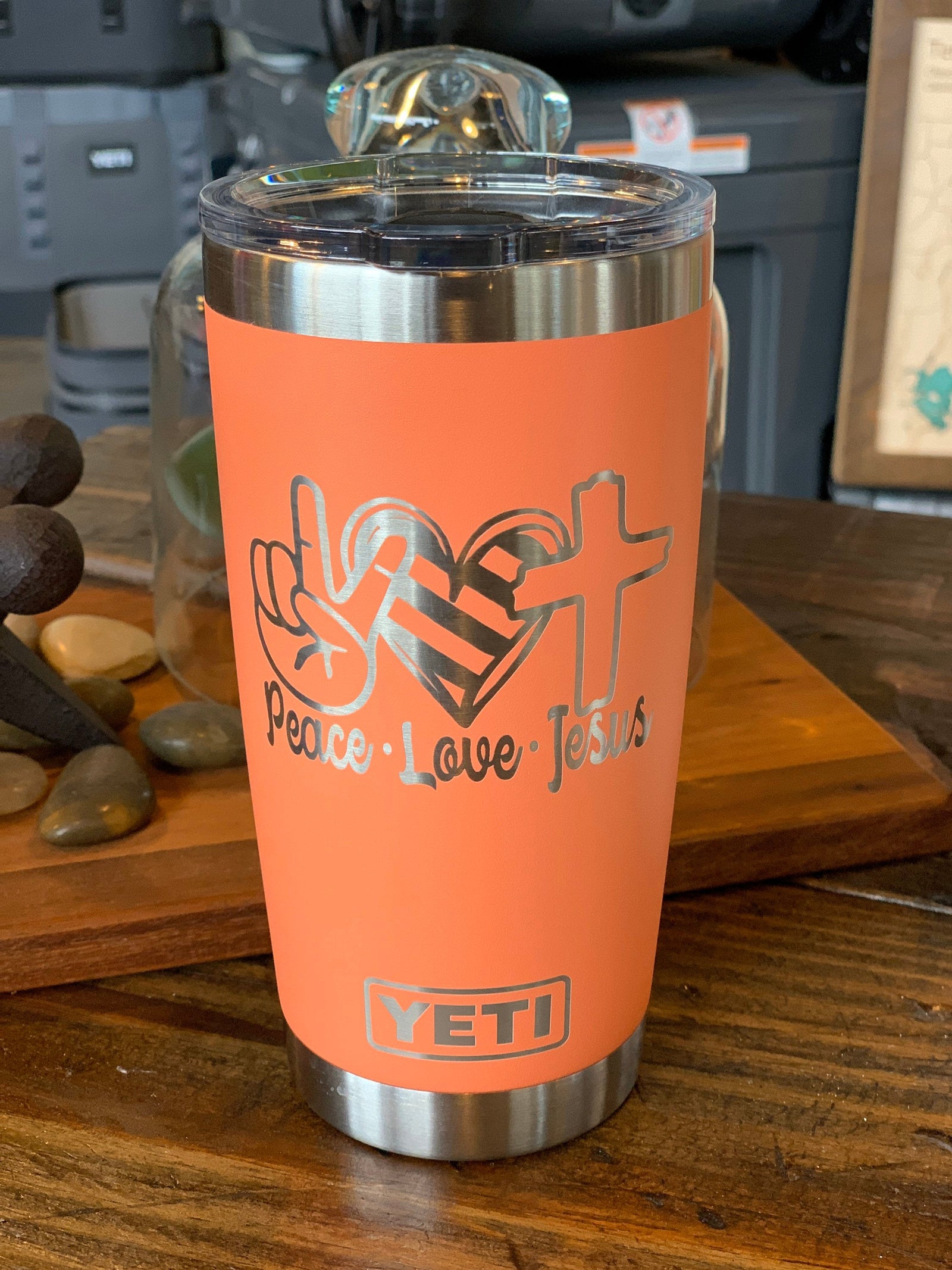 Laser Engraved Authentic YETI Rambler - PEACE LOVE JESUS - ImpressMeGifts