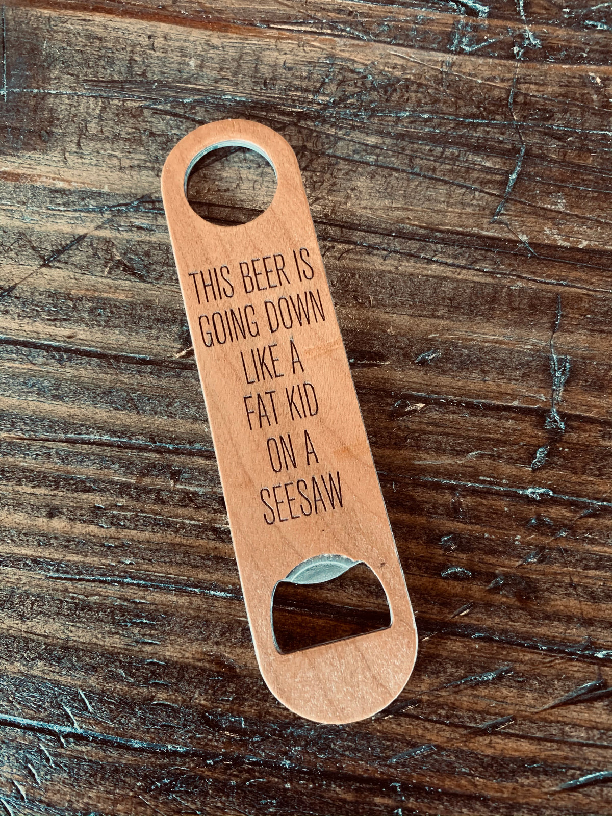 Wood &amp; Metal Bottle Opener - Fat Kid On A Seesaw - ImpressMeGifts